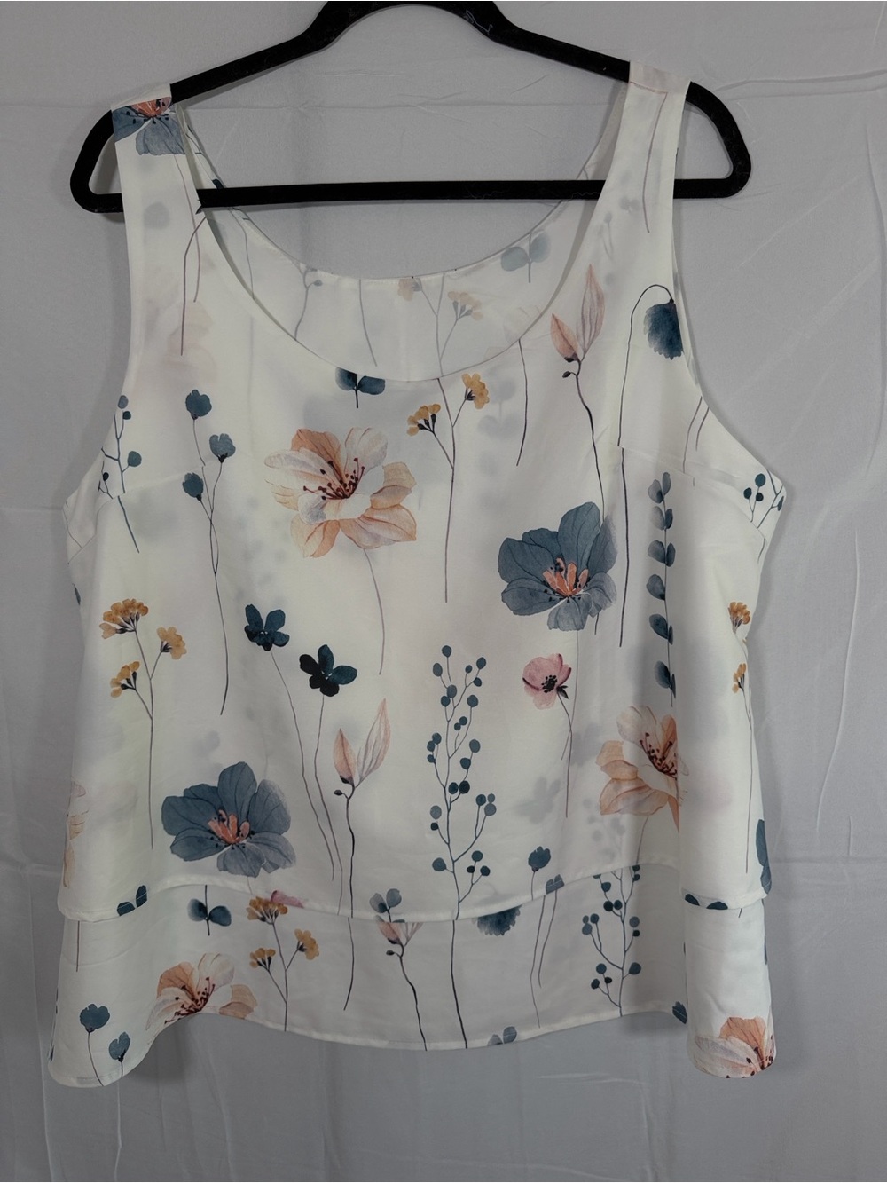 Floral Sleeveless Top - White with Blue & Peach Flowers